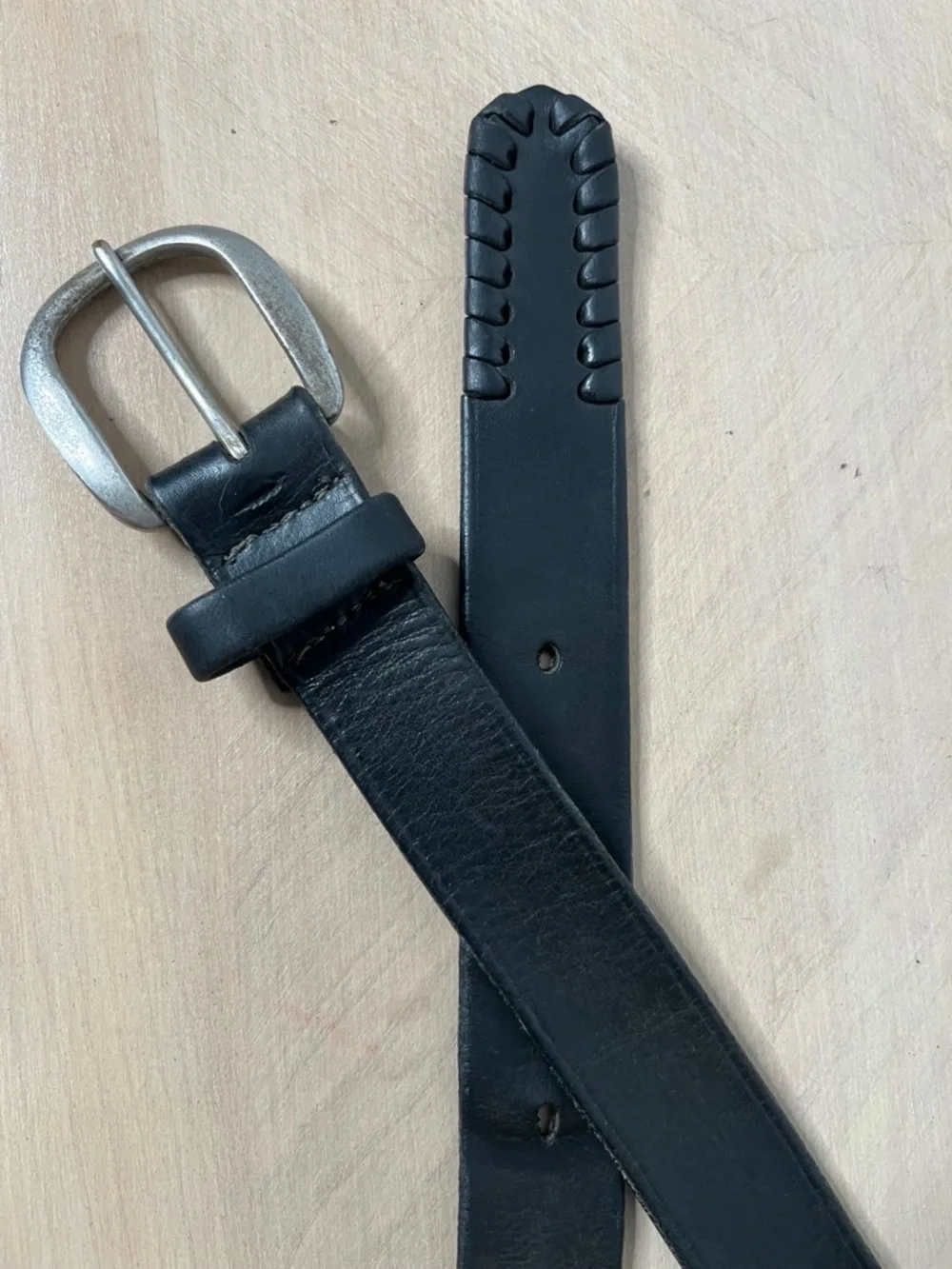 Christian Dior Men's Black Leather Belt with Braided Tip and Silver Buckle 38